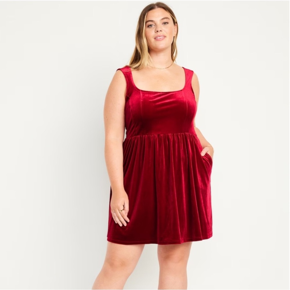 NWOT Old Navy Fit and Flare Velvet Square Neck Cami Mini Dress, Aurora Red